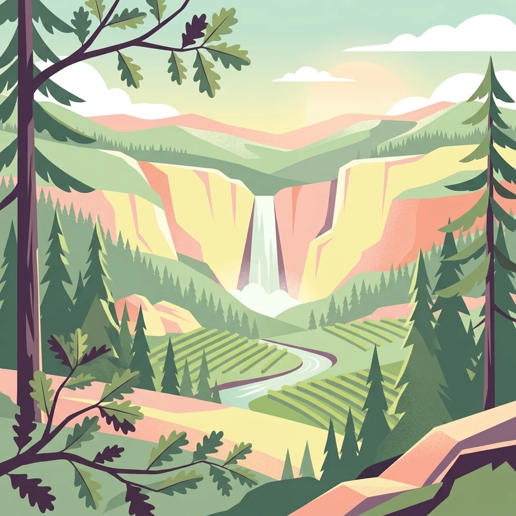 Una ilustración digital de estilo plano que muestra un valle con una cascada al fondo, rodeado de bosques de pinos, colinas verdes onduladas y un río que serpentea a través del primer plano.