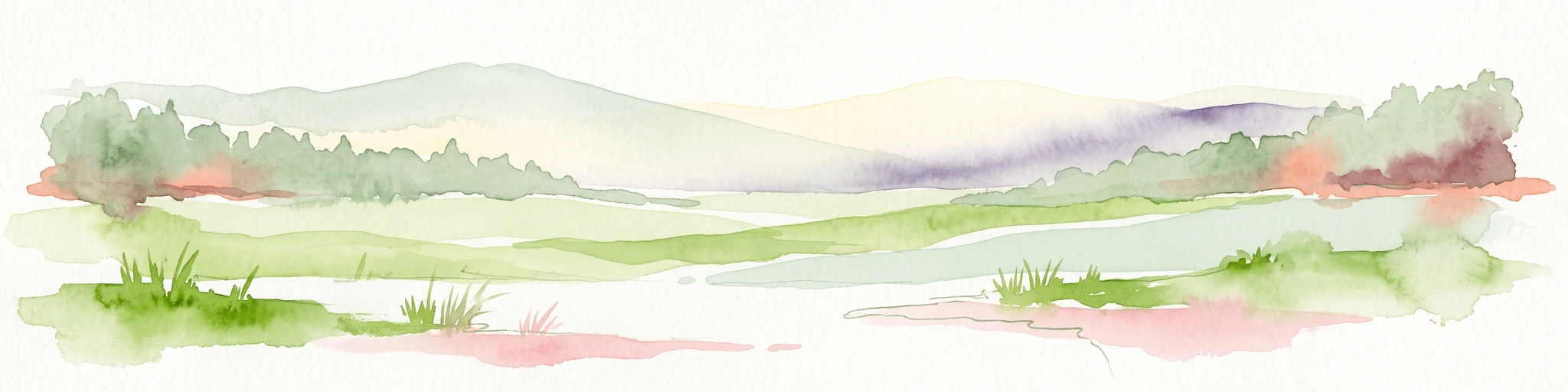 A watercolor painting of a gentle landscape showing grassy plains, distant rolling hills, and patches of trees.