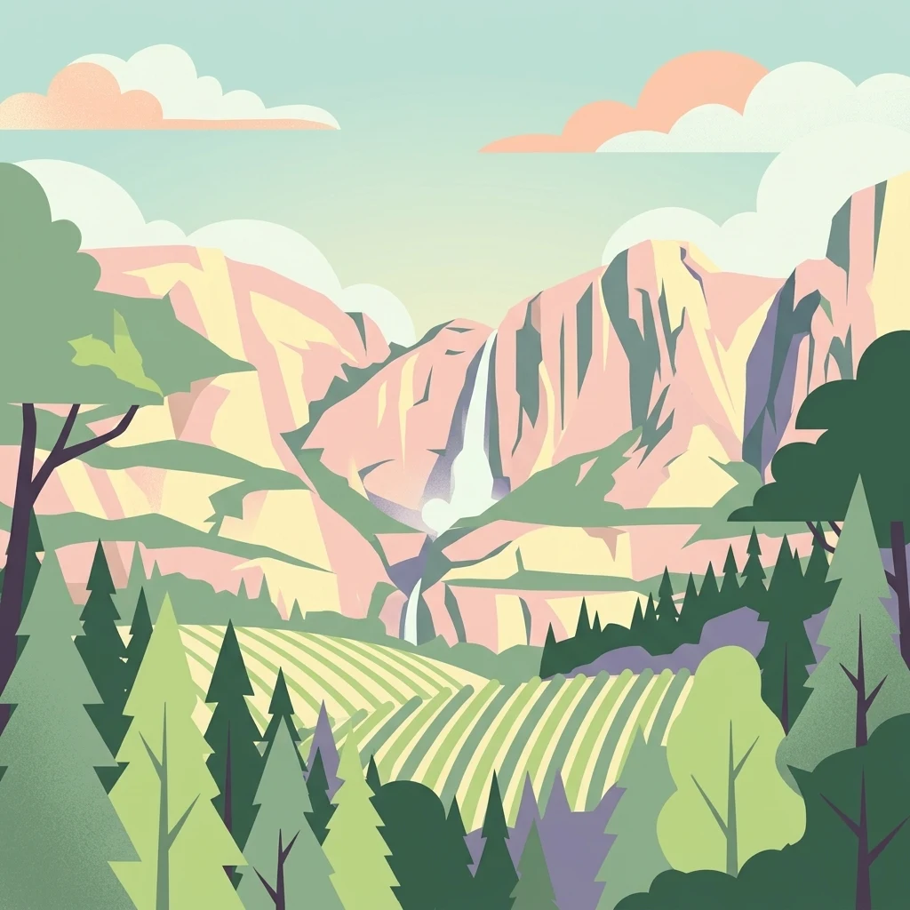 A flat-style digital illustration showing a valley with a two-tiered waterfall cascading down sheer rock cliffs, surrounded by pine forests and a foreground meadow.