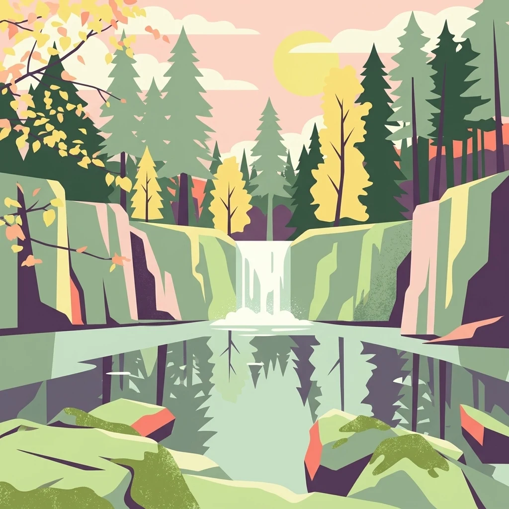 Una ilustración digital plana y estilizada de una pequeña cascada que cae en un estanque rodeado de acantilados rocosos y árboles de hoja perenne bajo un cielo de colores suaves.
