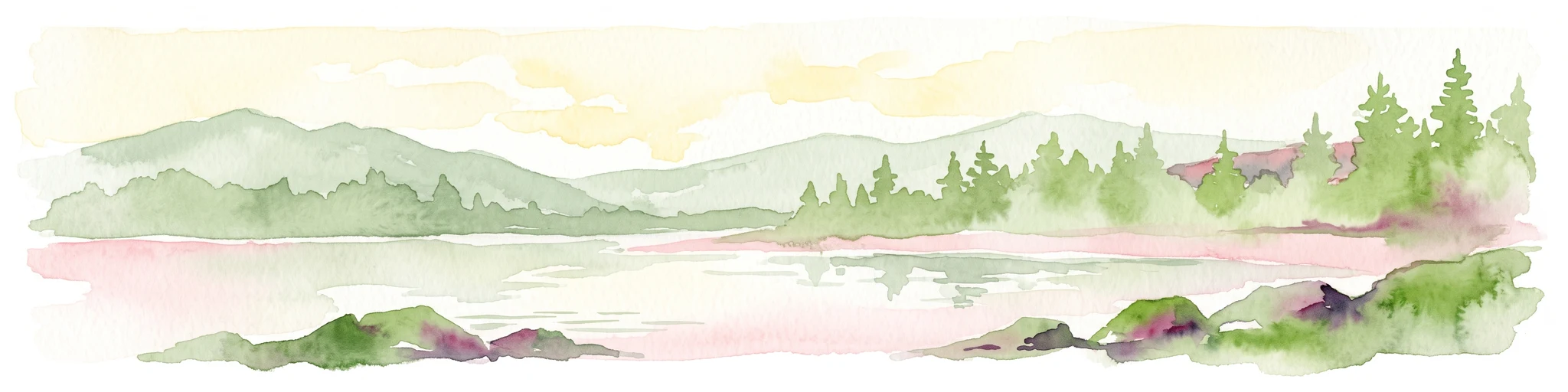 A horizontal watercolor painting showing a calm lake or pond with grassy banks and pine trees in the background, with soft mountain silhouettes under a pale sky.