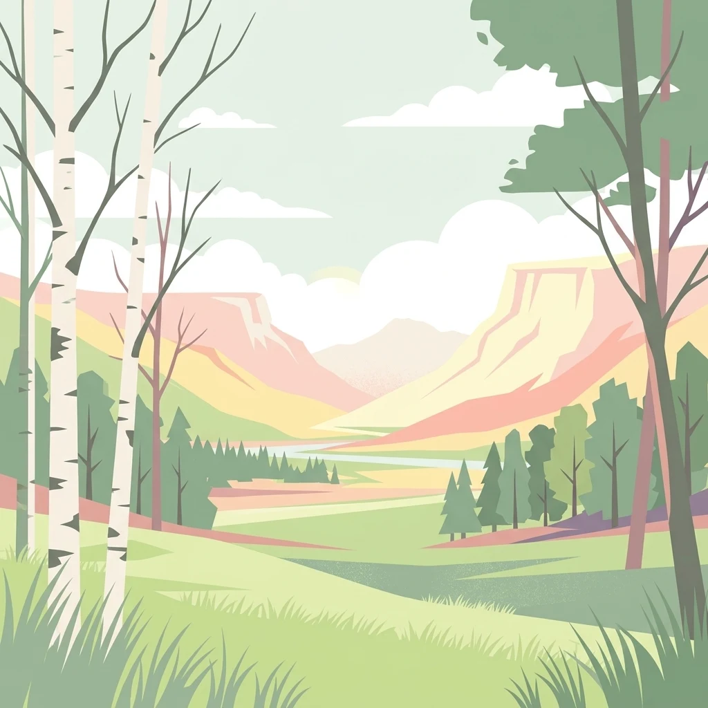 Una ilustración digital de estilo plano que muestra un paisaje frondoso con árboles de corteza blanca en primer plano, un valle cubierto de hierba en el plano medio y acantilados de colores suaves bajo un cielo nublado.