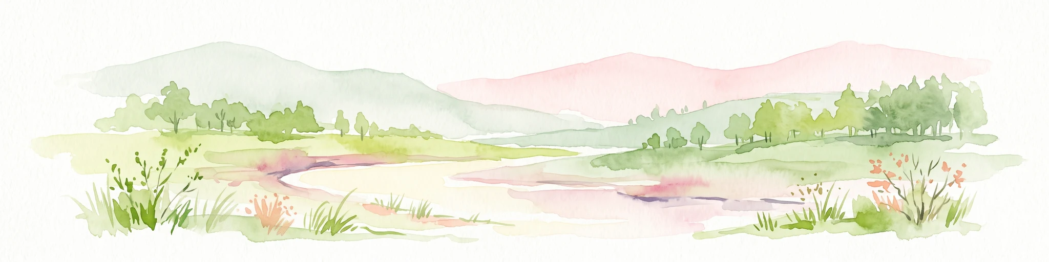 A horizontal watercolor illustration of a natural landscape featuring a small body of water or pond in the foreground, surrounded by grassy banks, low hills in the distance, and soft-colored vegetation.