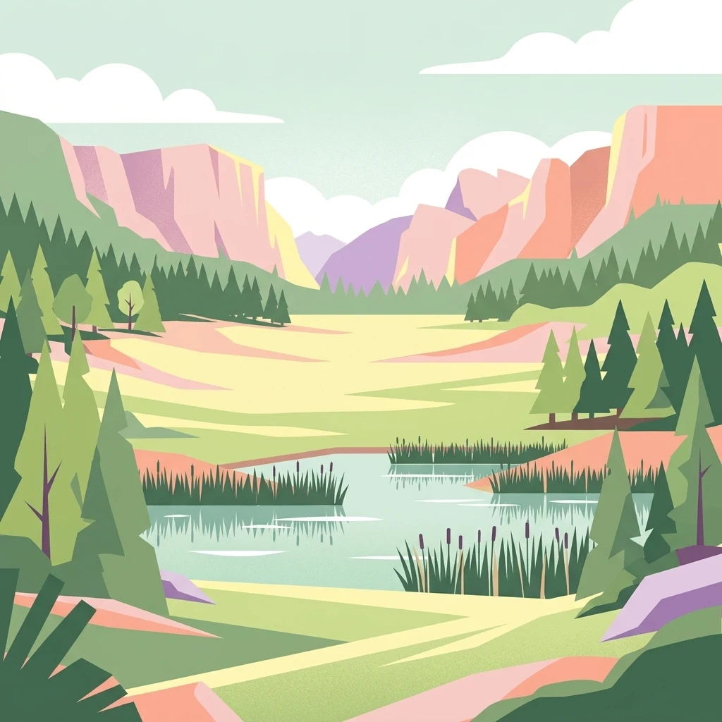 A flat-design illustration of a nature scene featuring a central pond surrounded by grassy meadows, evergreen trees, and distant rocky canyon walls under a pale sky.