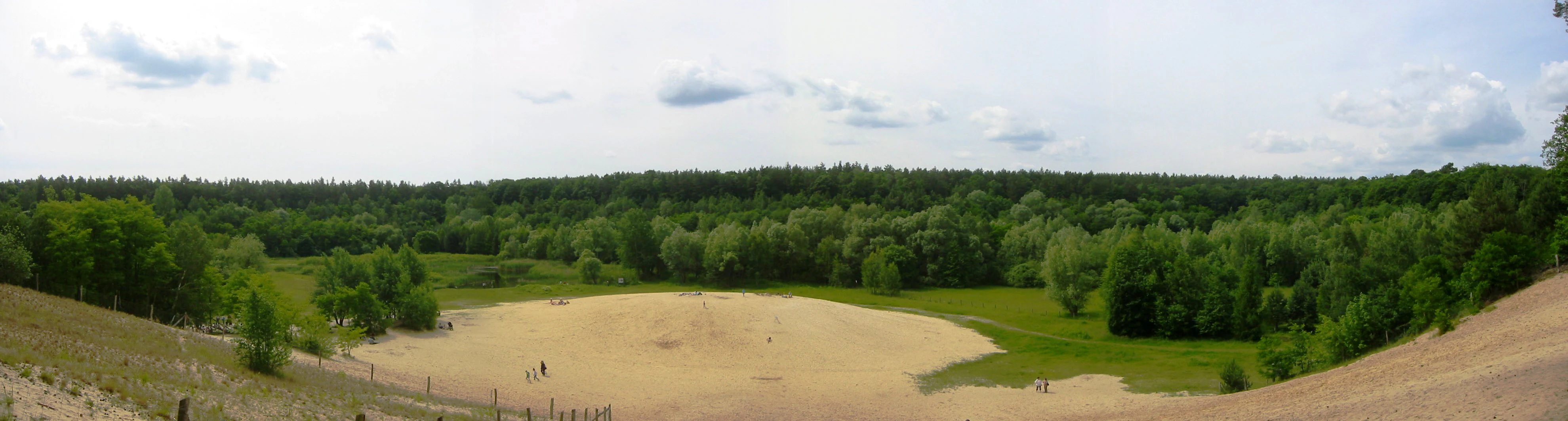 Panoramic landscape view of a former sand pit featuring a central sandy clearing surrounded by green vegetation and a dense forest line under a partly cloudy sky.