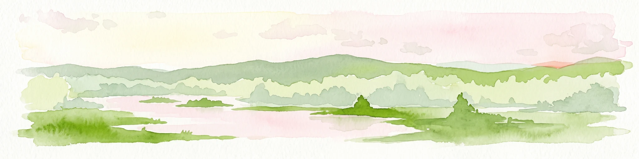 Watercolor illustration of a serene wetland scene with soft green hills and a light pink sky.