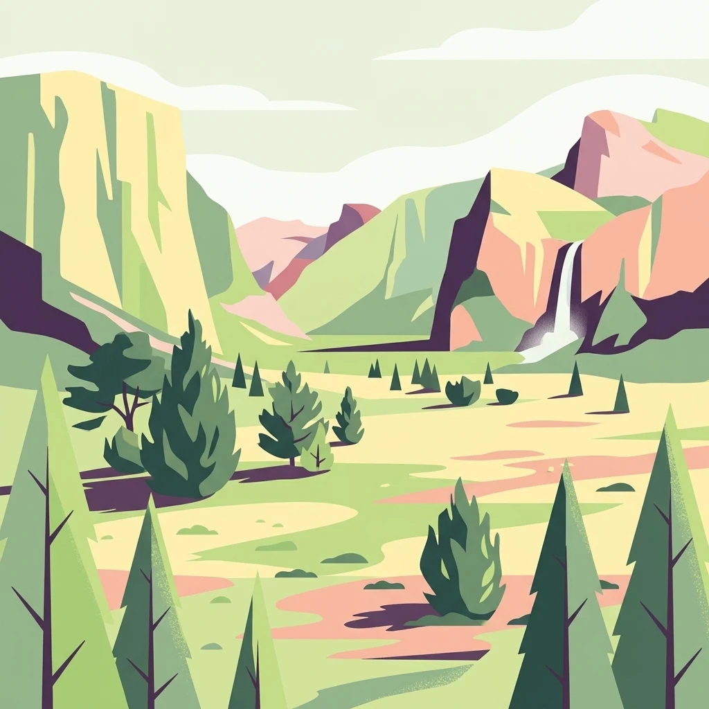 A flat-style digital illustration depicting a wide mountain valley with evergreen trees, cliffs, and a small waterfall in the distance.