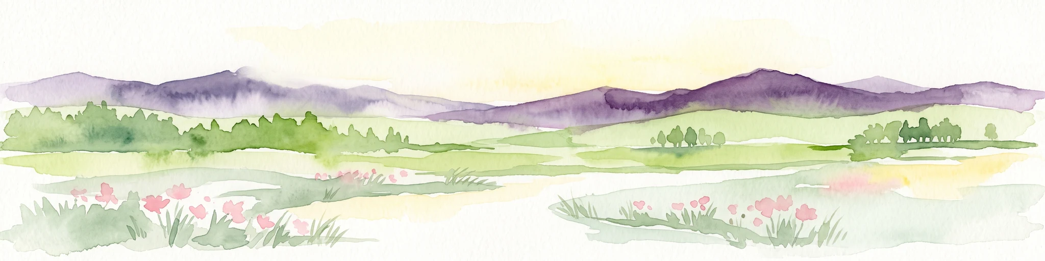 A horizontal watercolor illustration featuring a gentle heathland landscape with soft green meadows, patches of pink wildflowers, and purple rolling hills in the background.