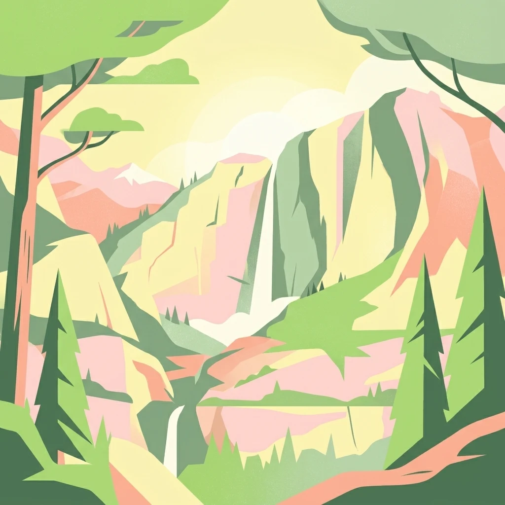An artistic, flat-style digital illustration of a mountain valley featuring pine trees, rocky cliffs, and two cascading waterfalls in a soft color palette.
