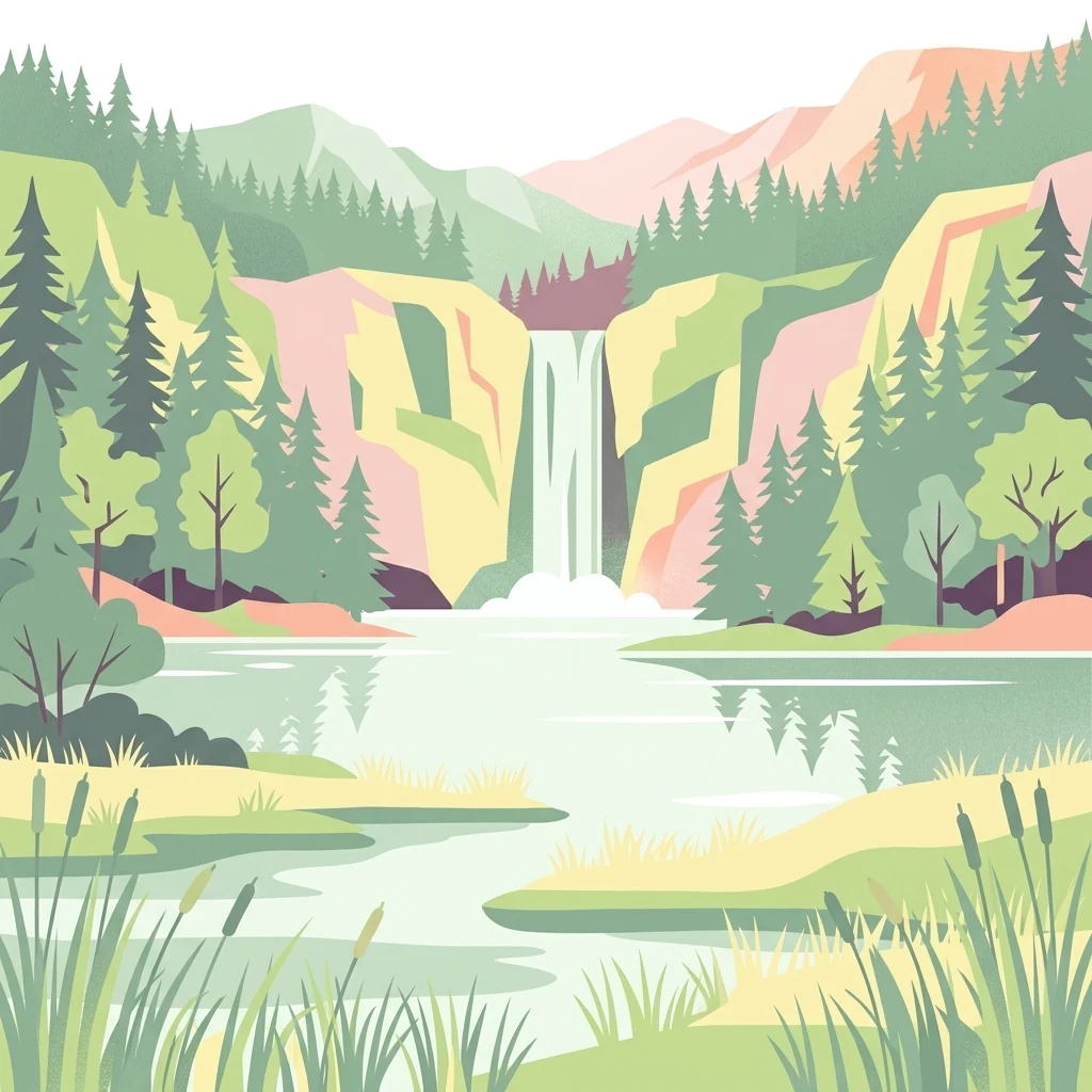 Una ilustración plana de estilo vectorial que muestra una cascada fluyendo hacia una masa de agua tranquila, flanqueada por pinos y colinas onduladas a lo lejos, con una paleta de colores suaves y apagados.