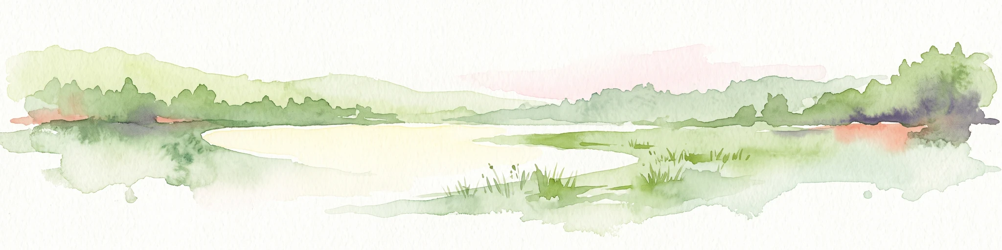 A minimalist watercolor painting showing a calm lake or wetland surrounded by soft green trees and gentle hills under a light sky.