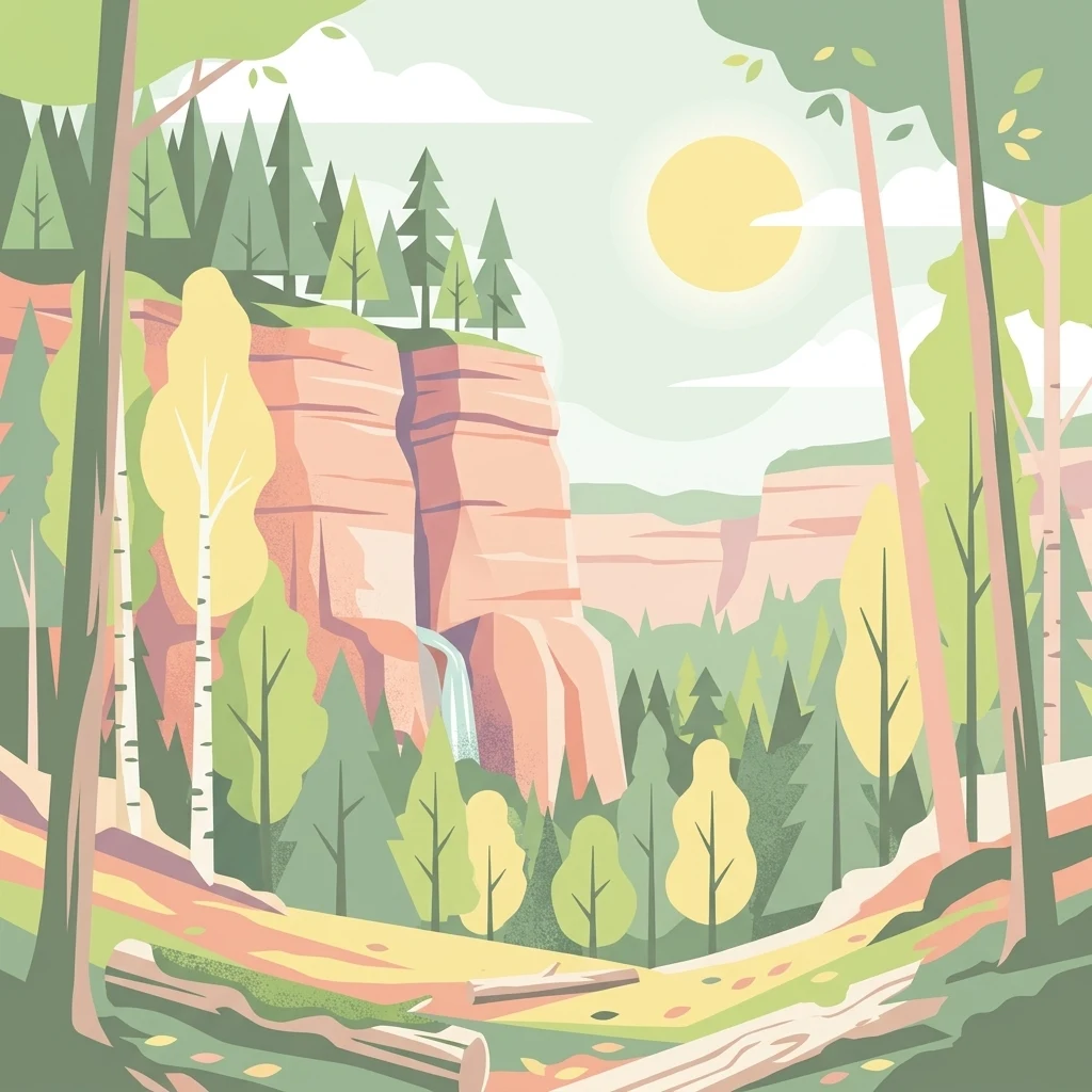 A stylized vector illustration of a forest landscape with towering red sandstone cliffs, a small waterfall, and a variety of trees under a bright sun.