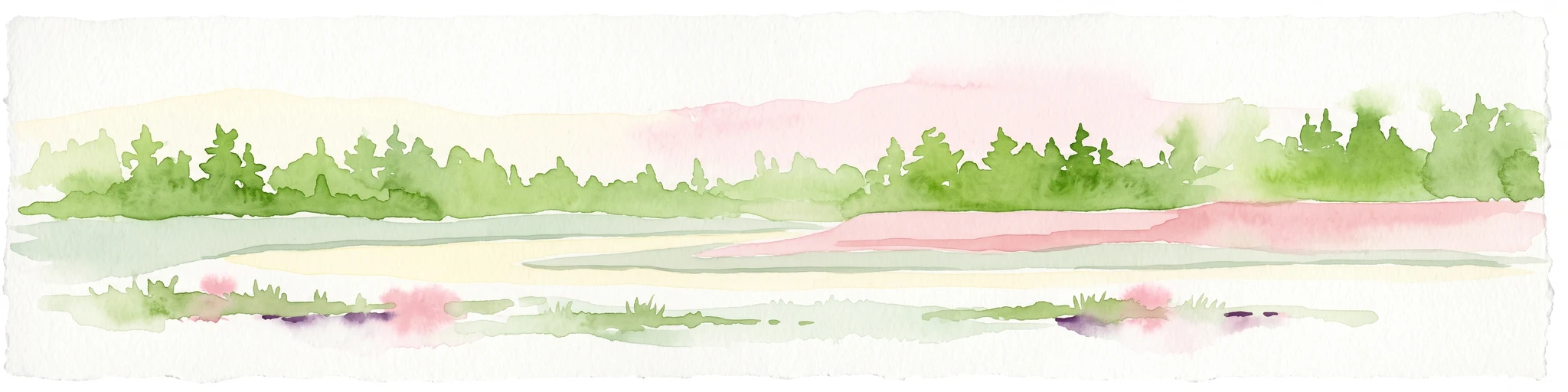 Watercolor painting of a wide, low-horizon landscape featuring a line of green trees against a pale pink sky over a pale, sandy foreground.
