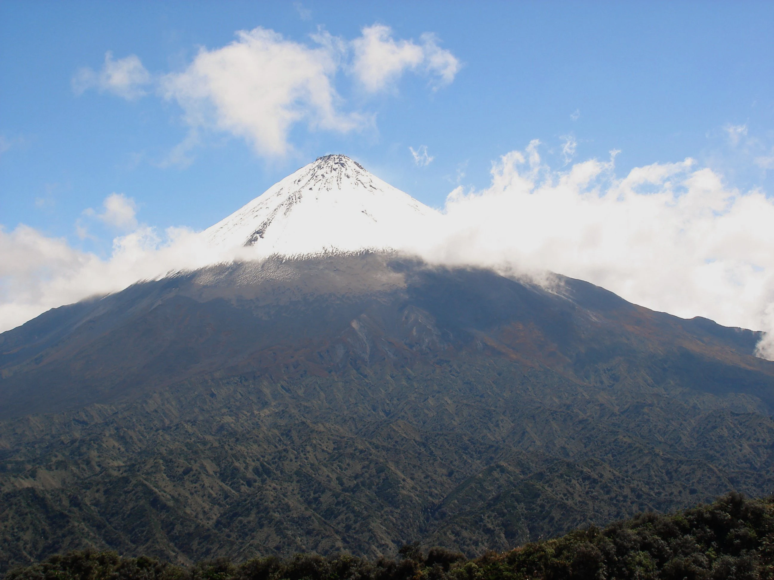 Snow-capped volcano peak with forested slopes and clouds under a blue sky