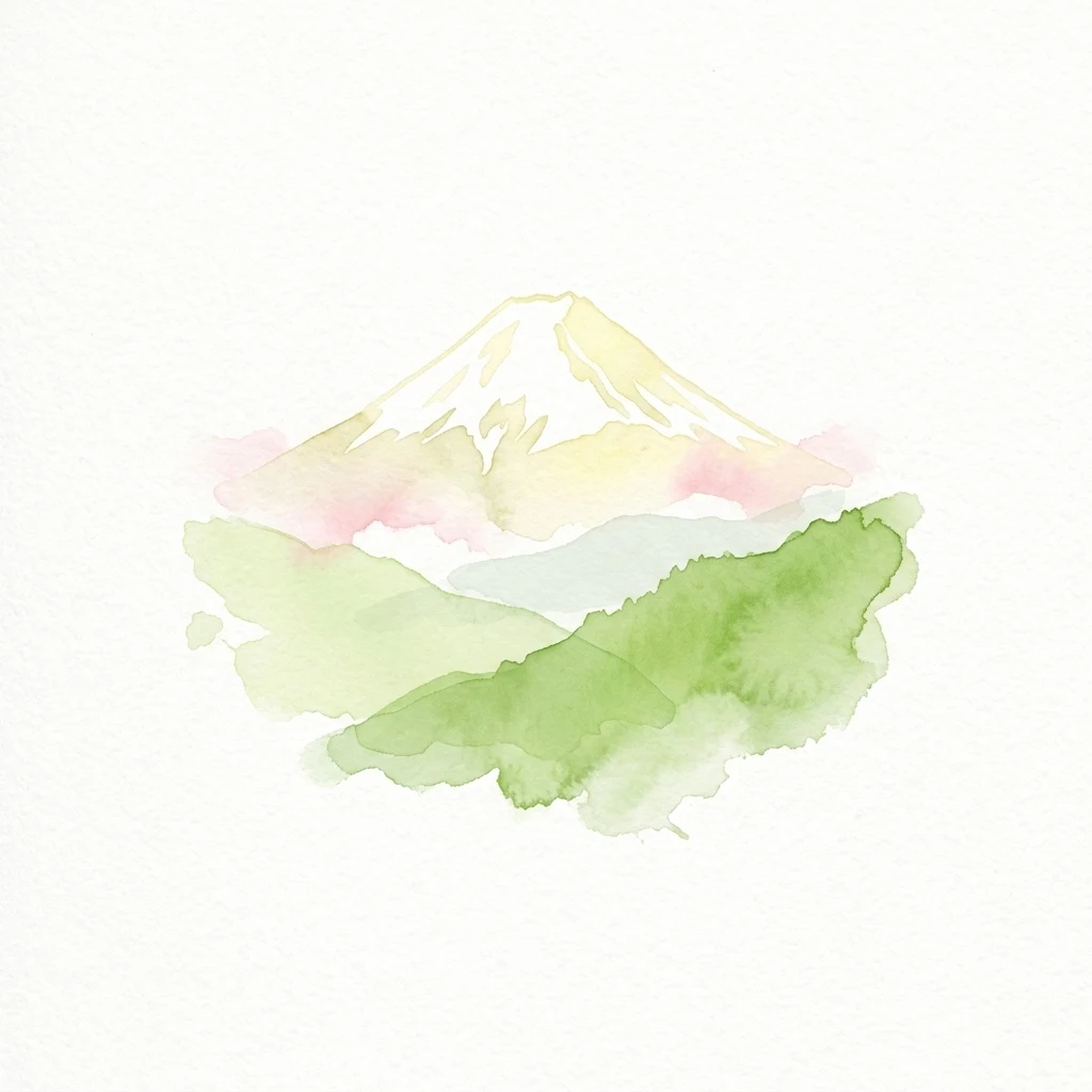 Ilustración acuarela del Monte Fuji en tonos verdes y rosas
