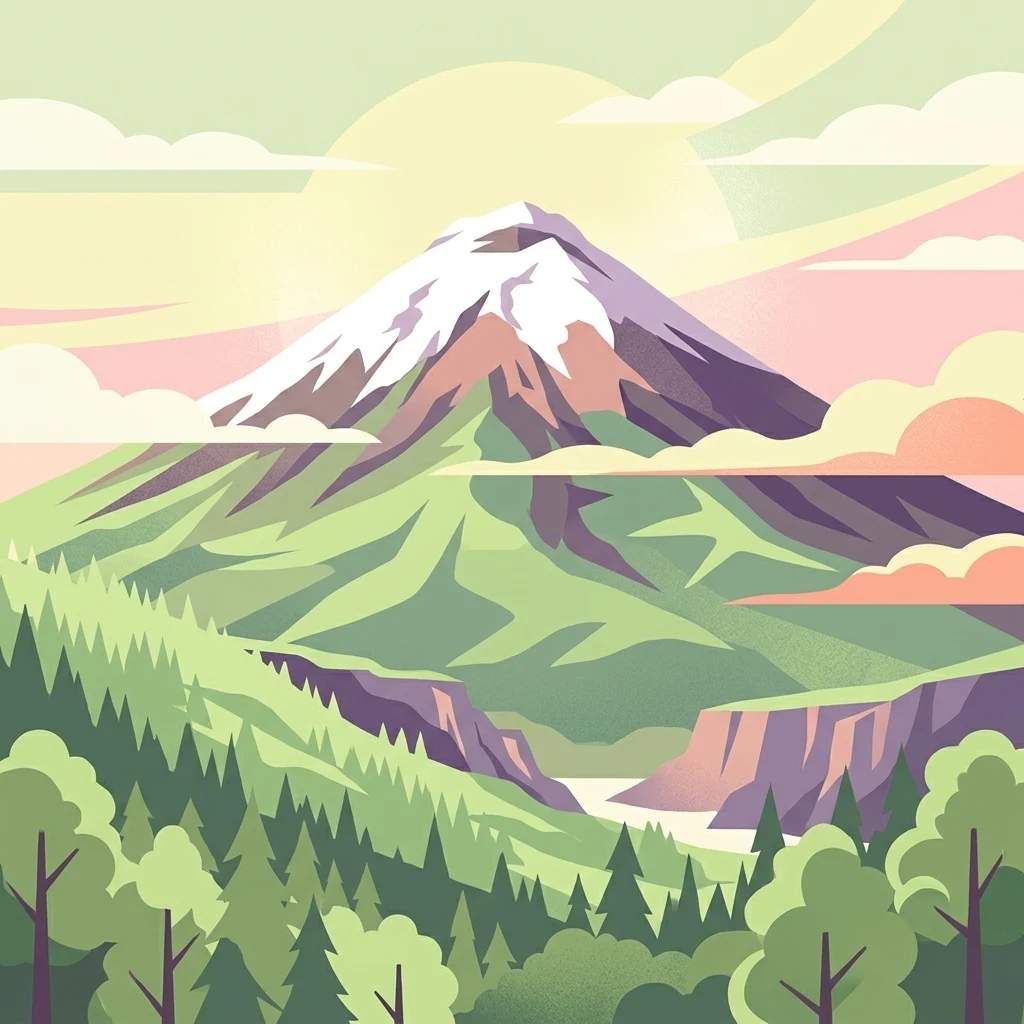 Illustration of a snow-capped mountain with green forests and valleys under a pastel sky