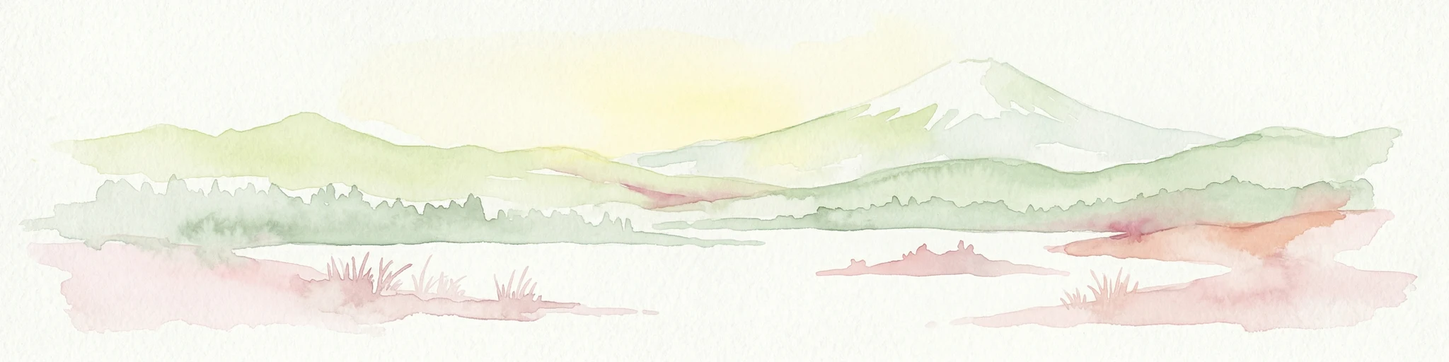 Ilustración en acuarela que muestra un paisaje montañoso con un pico nevado, un lago y colinas verdes.