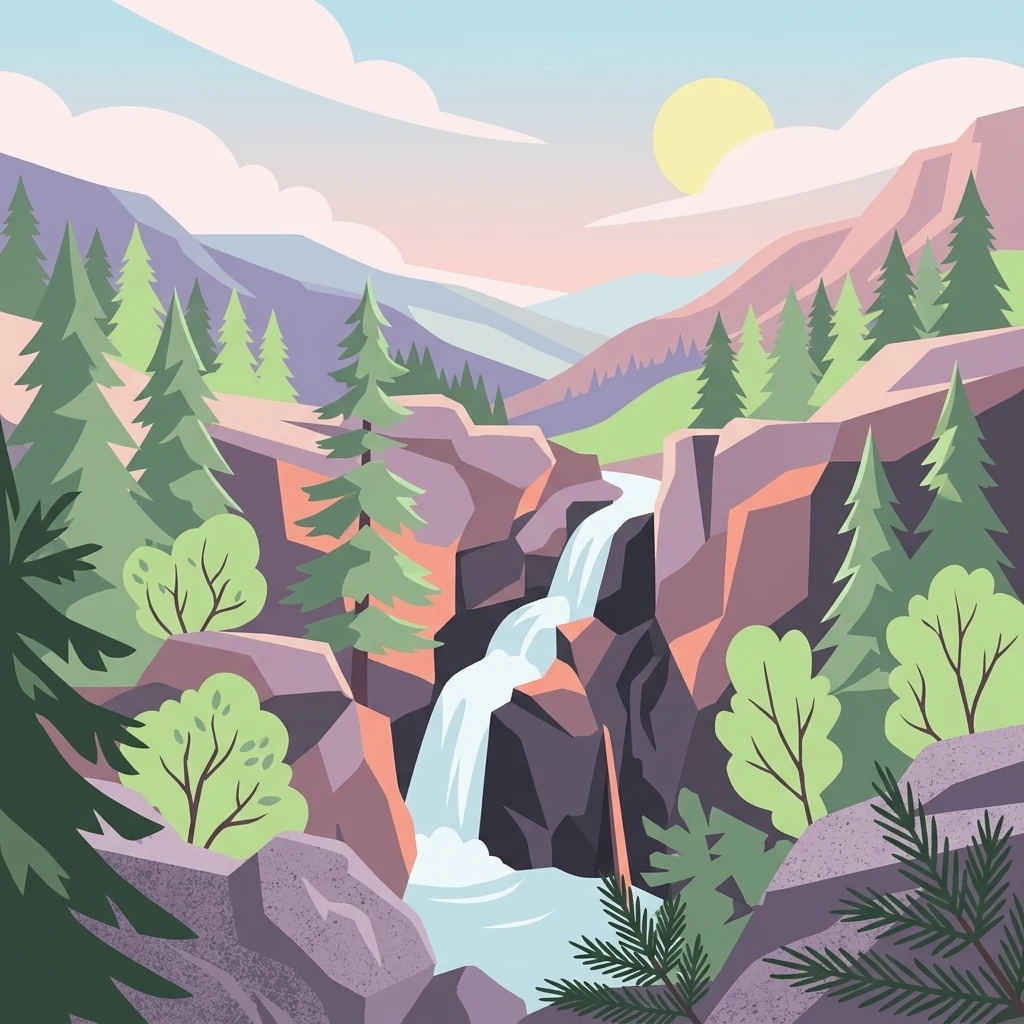 A vibrant graphic illustration showing a cascading waterfall flowing down a rocky canyon, surrounded by evergreen trees, with soft clouds and a warm sun in the background.