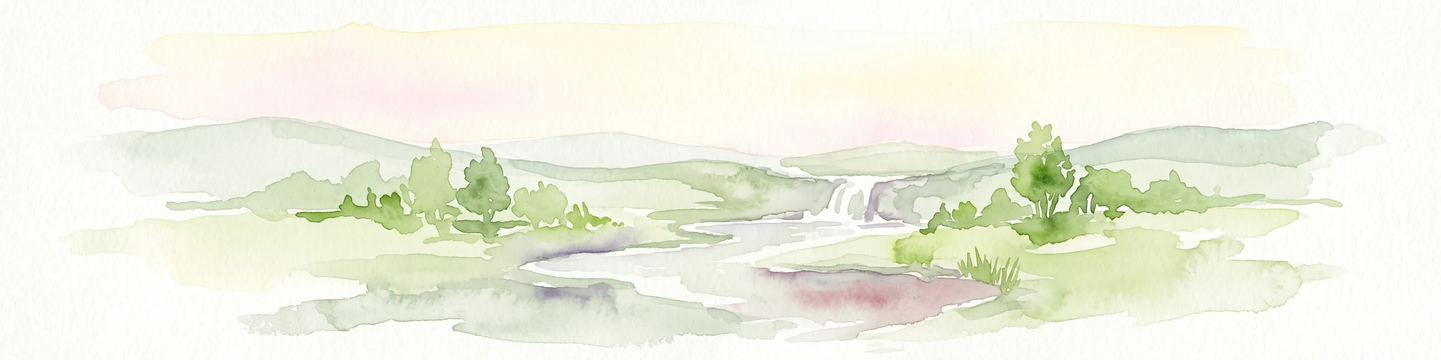 Watercolor painting of a gentle, rolling landscape with a small stream, a small waterfall, and scattered trees under a soft, light sky.