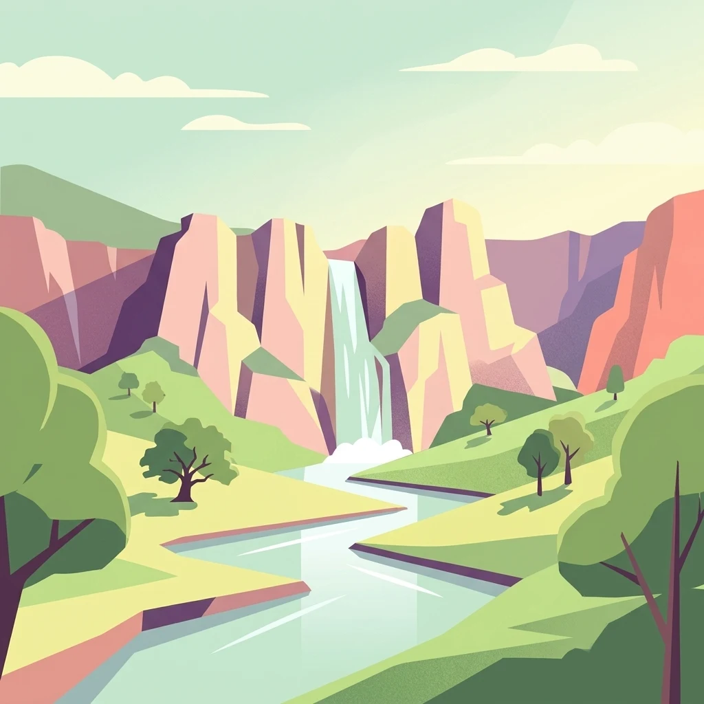 A flat, stylized illustration showing a waterfall flowing down between cliffs into a river, surrounded by grassy banks and trees.