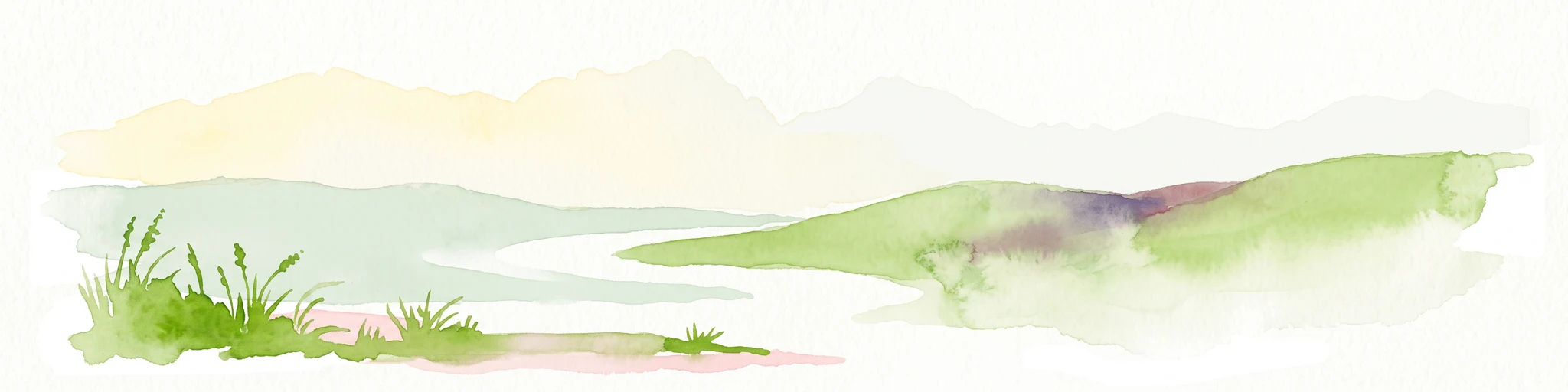 A watercolor illustration of rolling green hills, a small shoreline, and patches of grass against a white background.