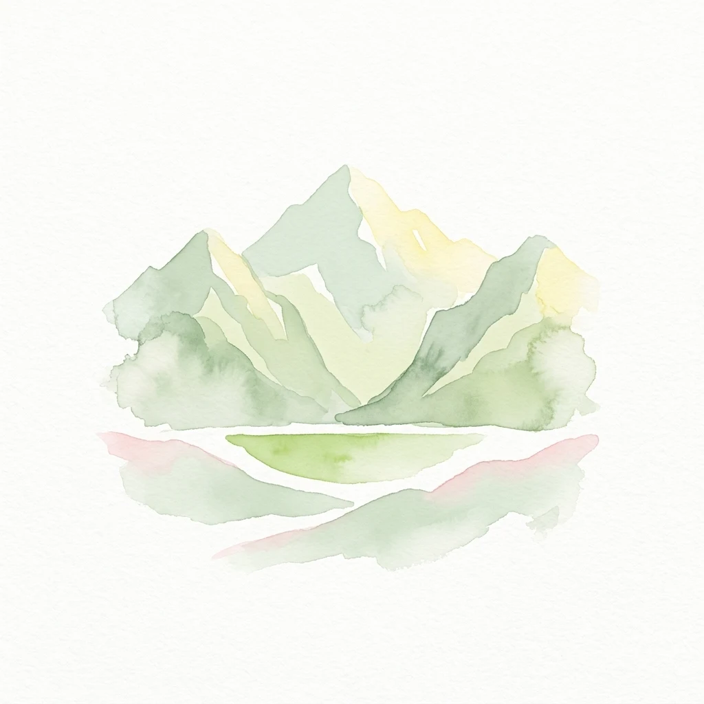 Watercolor illustration showing mountain range with lake reflection
