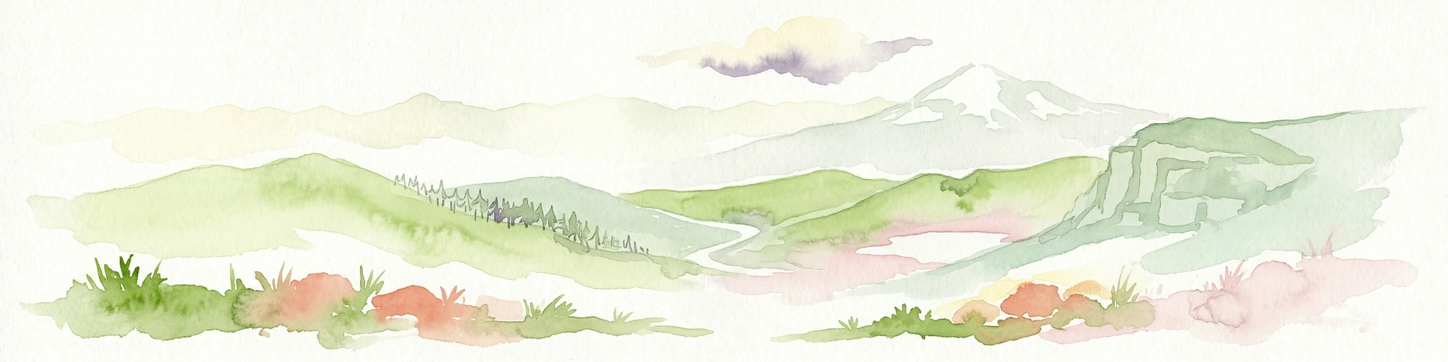 Ilustración en acuarela de un paisaje montañoso con colinas onduladas, prados verdes y picos lejanos nevados.