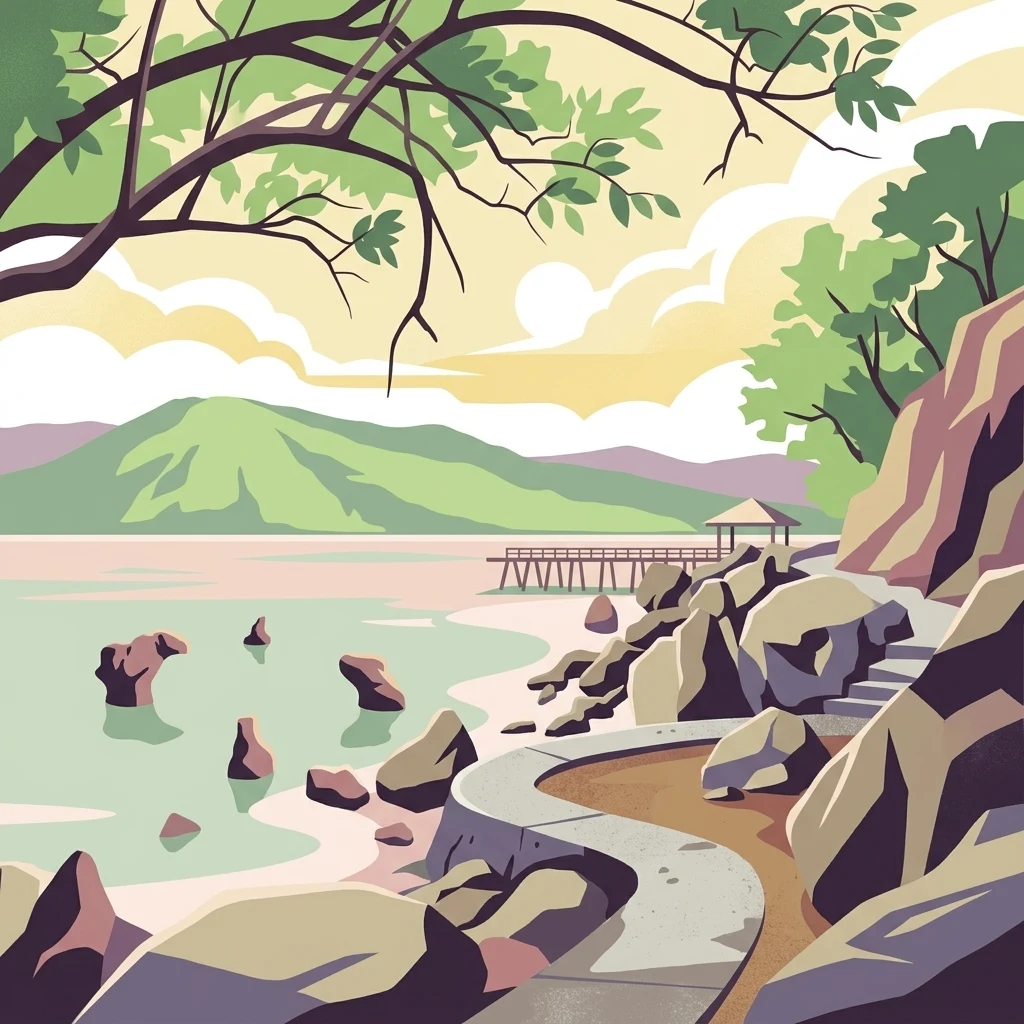 Una ilustración digital estilizada que muestra un sendero sinuoso a lo largo de una costa rocosa que conduce a un muelle de madera que se adentra en una bahía tranquila, con colinas verdes distantes bajo un cielo suave.