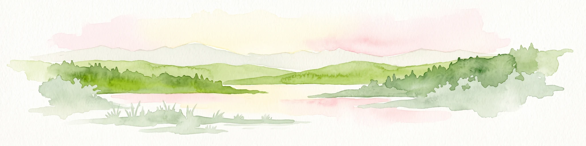 Una pintura en acuarela que muestra una escena suave y pacífica con colinas verdes onduladas, una bahía o río tranquilo en primer plano, y un cielo de rosa pálido y amarillo.