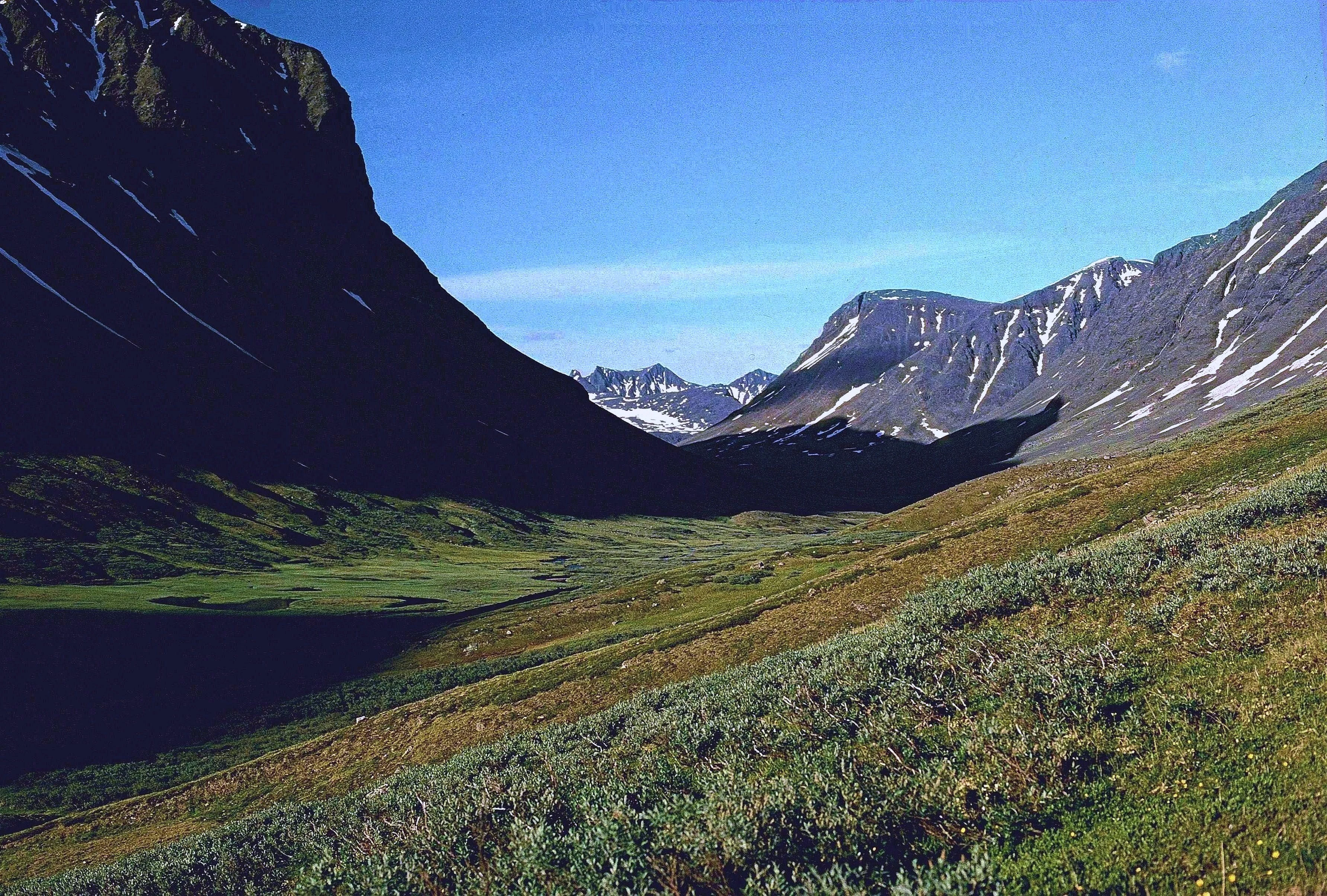 Wide mountain valley with green and brown terrain, rocky peaks with snow patches, and clear blue sky