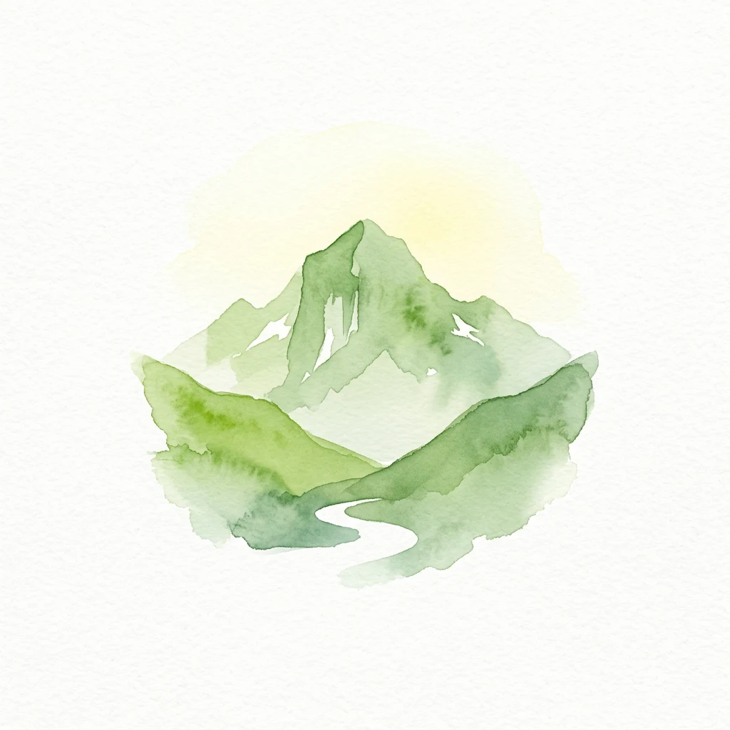 Ilustración en acuarela de montañas verdes con un camino sinuoso sobre un fondo claro