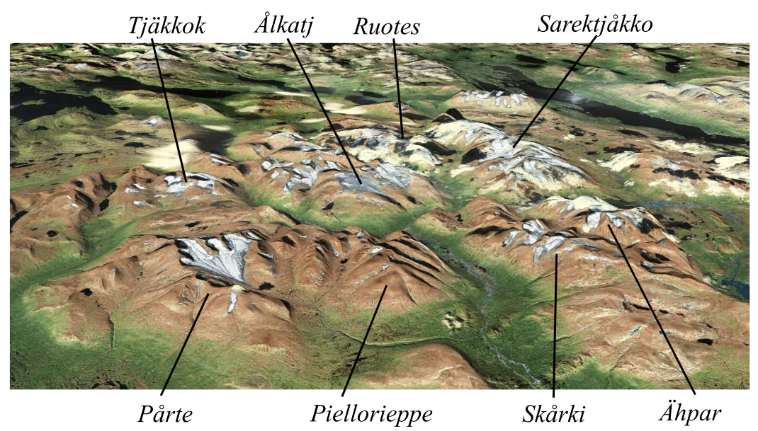 Aerial view of mountainous terrain with multiple labeled peaks including Tjäkkok, Ålkaj, Ruotes, Sarektjäkko, Pärte, Piellorieppe, Skärki, and Åhpar