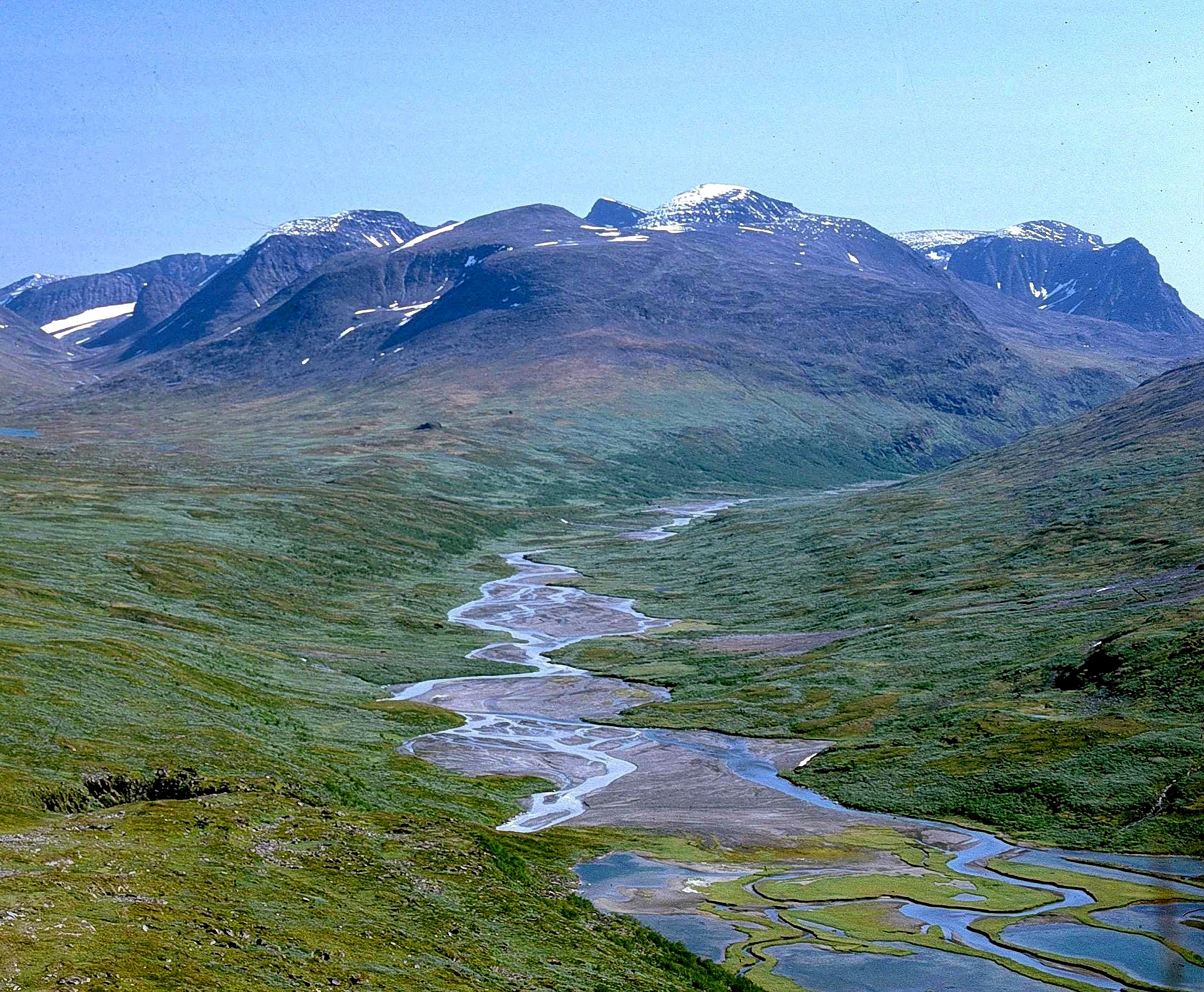 Wide landscape of Sarek National Park showing Skårki massif with winding river, green valleys, and snow-capped mountains under clear blue sky