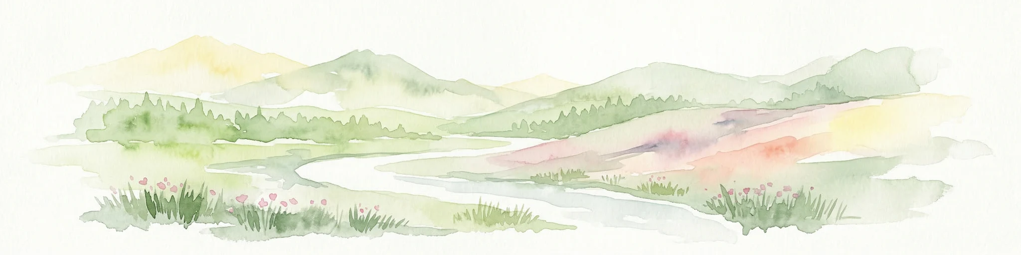 Ilustración en acuarela de un paisaje montañoso con un río, hierba y colinas distantes