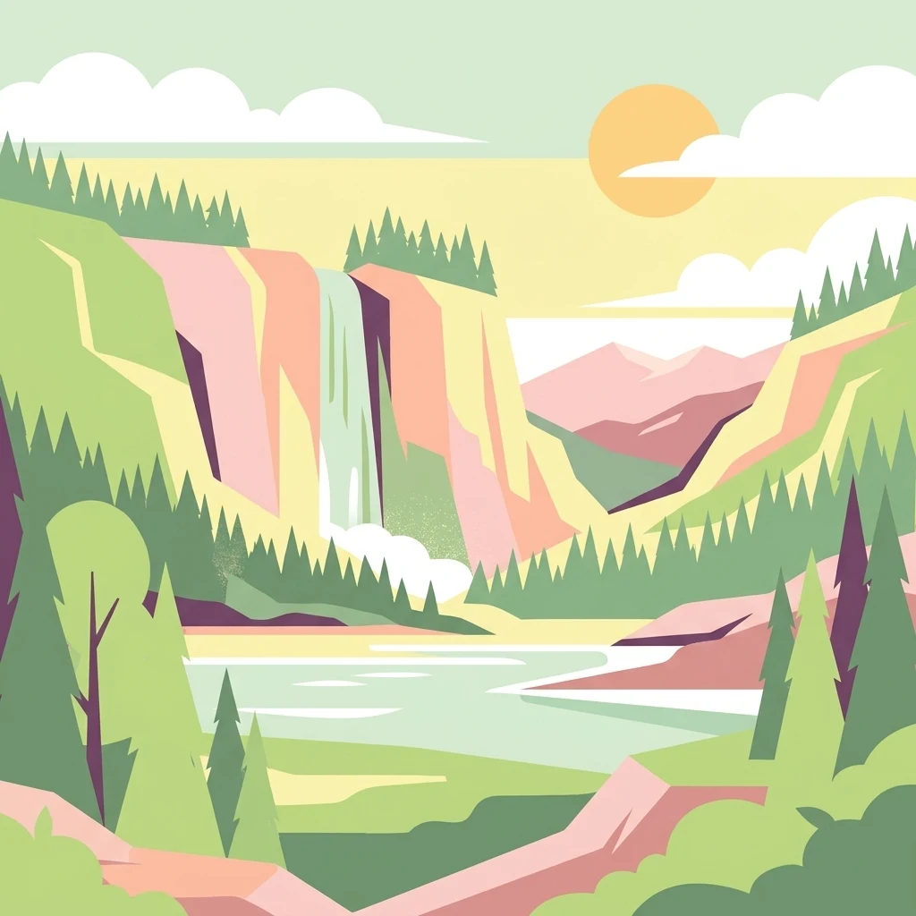Una ilustración de arte vectorial minimalista y estilizada de un lago de montaña con una cascada que se precipita por un acantilado, rodeado de un bosque de coníferas bajo un sol suave.
