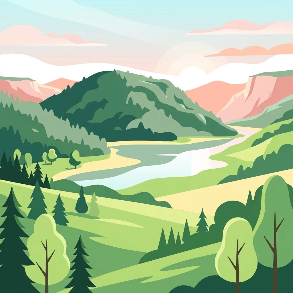 A flat-design illustration showing a verdant green valley with a river, forested hills, and a sunrise, reminiscent of the landscape in the Saubach und Niedgesbach nature reserve.