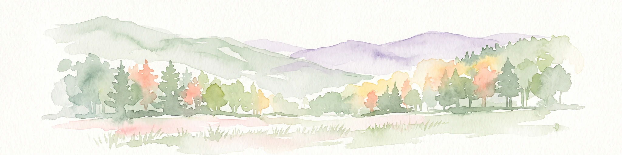 Watercolor painting depicting a landscape with rolling hills in the background and trees in autumn colors in the midground.