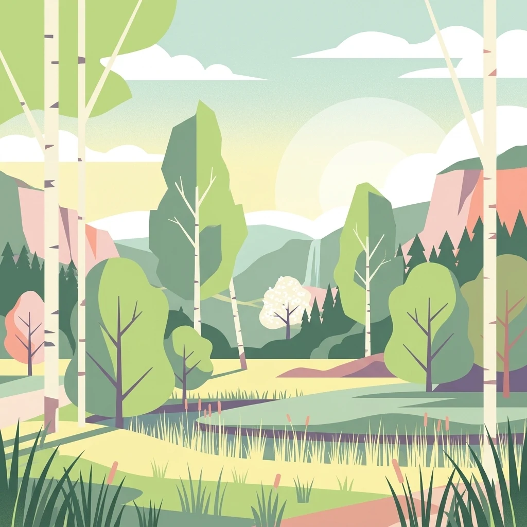 A flat, vector-style illustration of a peaceful landscape with birch trees, tall grasses, a pond, and rolling hills in the background under a soft sunrise or sunset sky.