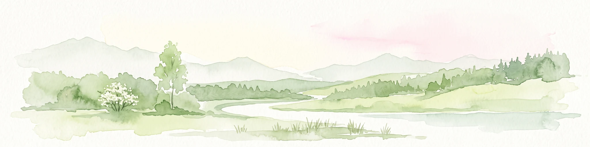 A horizontal watercolor painting showing a soft landscape with green meadows, trees, a winding stream, and distant rolling hills in a light, atmospheric style.