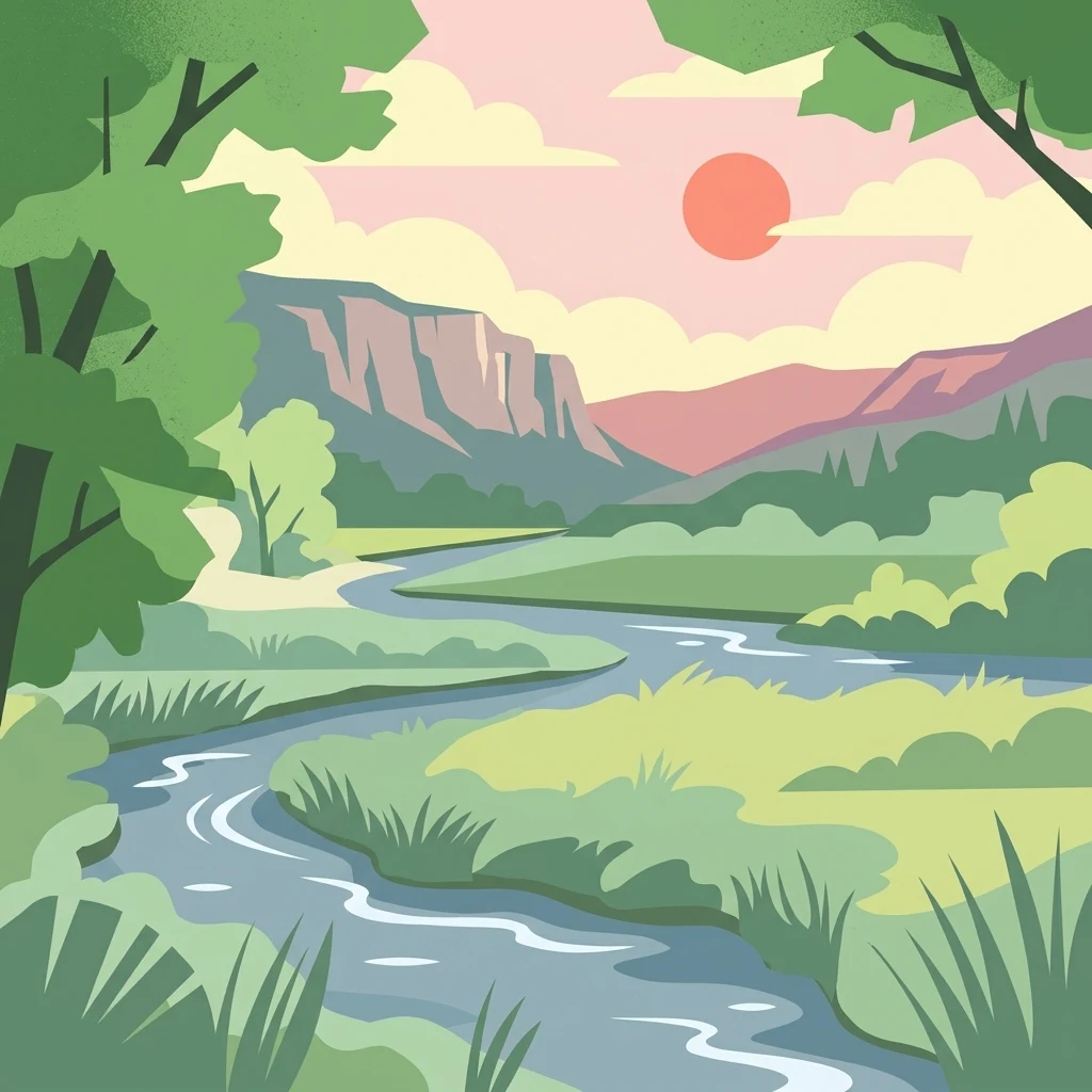 Una ilustración plana de estilo vectorial de un río serpenteante que fluye por un valle verde y frondoso al atardecer, con montañas bajas o acantilados al fondo.