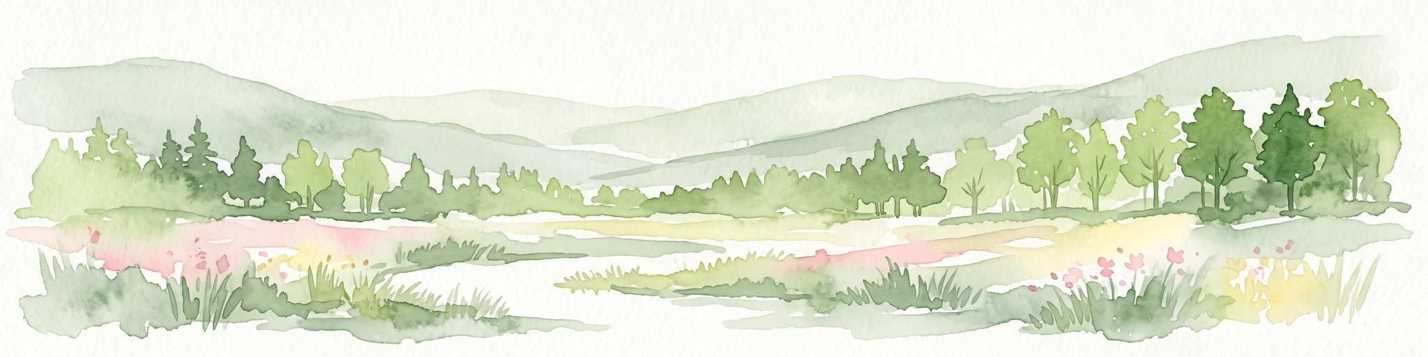 A horizontal watercolor painting showing a soft, natural landscape with rolling hills in the background, a line of trees in the midground, and a meadow with light wildflowers in the foreground.