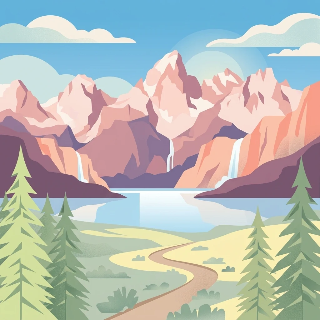 Vector illustration depicting tall, jagged mountains under a clear sky, with waterfalls cascading into a central lake and a dirt path winding through pine trees in the foreground.