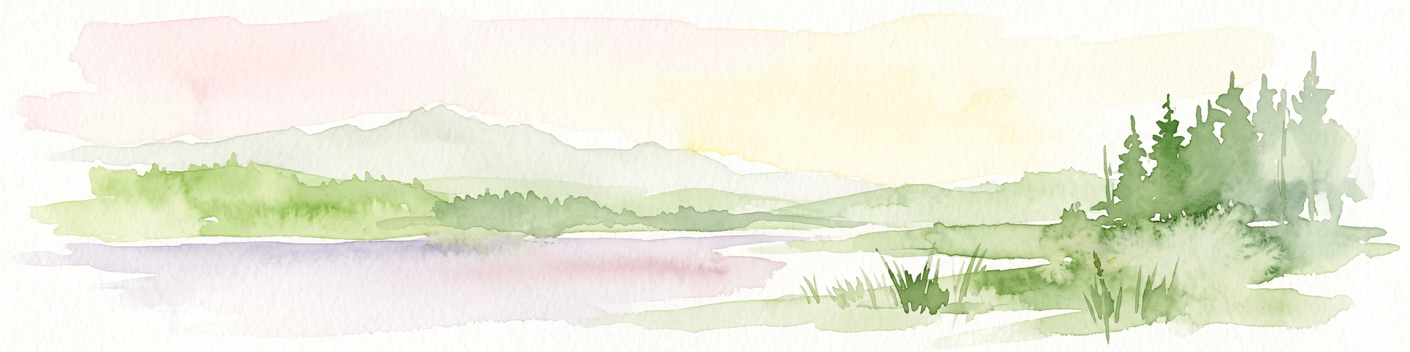 Acuarela de un lago tranquilo rodeado de orillas boscosas y montañas lejanas, representado en suaves tonos pastel.