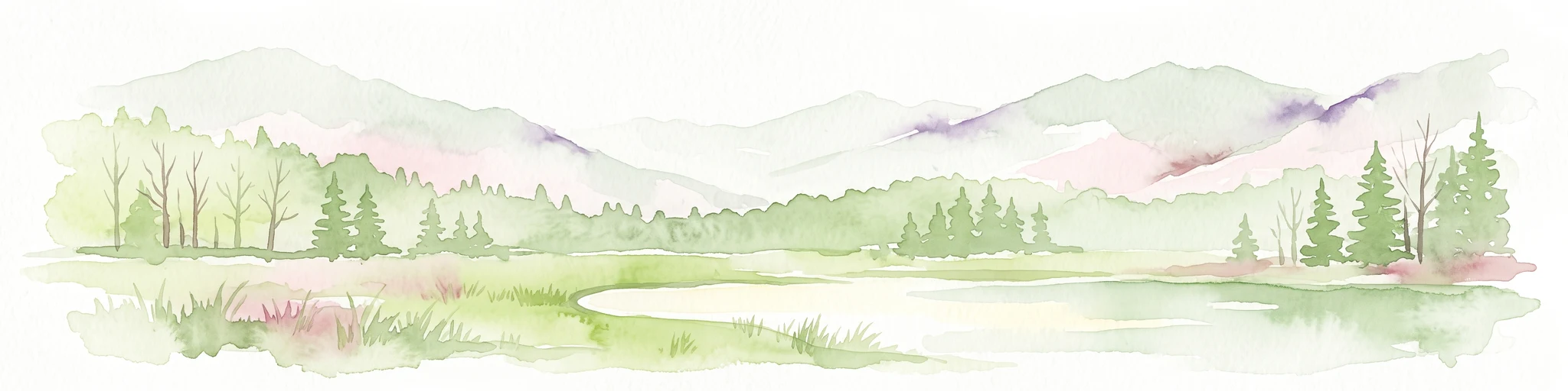 Watercolor painting of a tranquil lake surrounded by green forests and soft mountain ridgelines against a white background.
