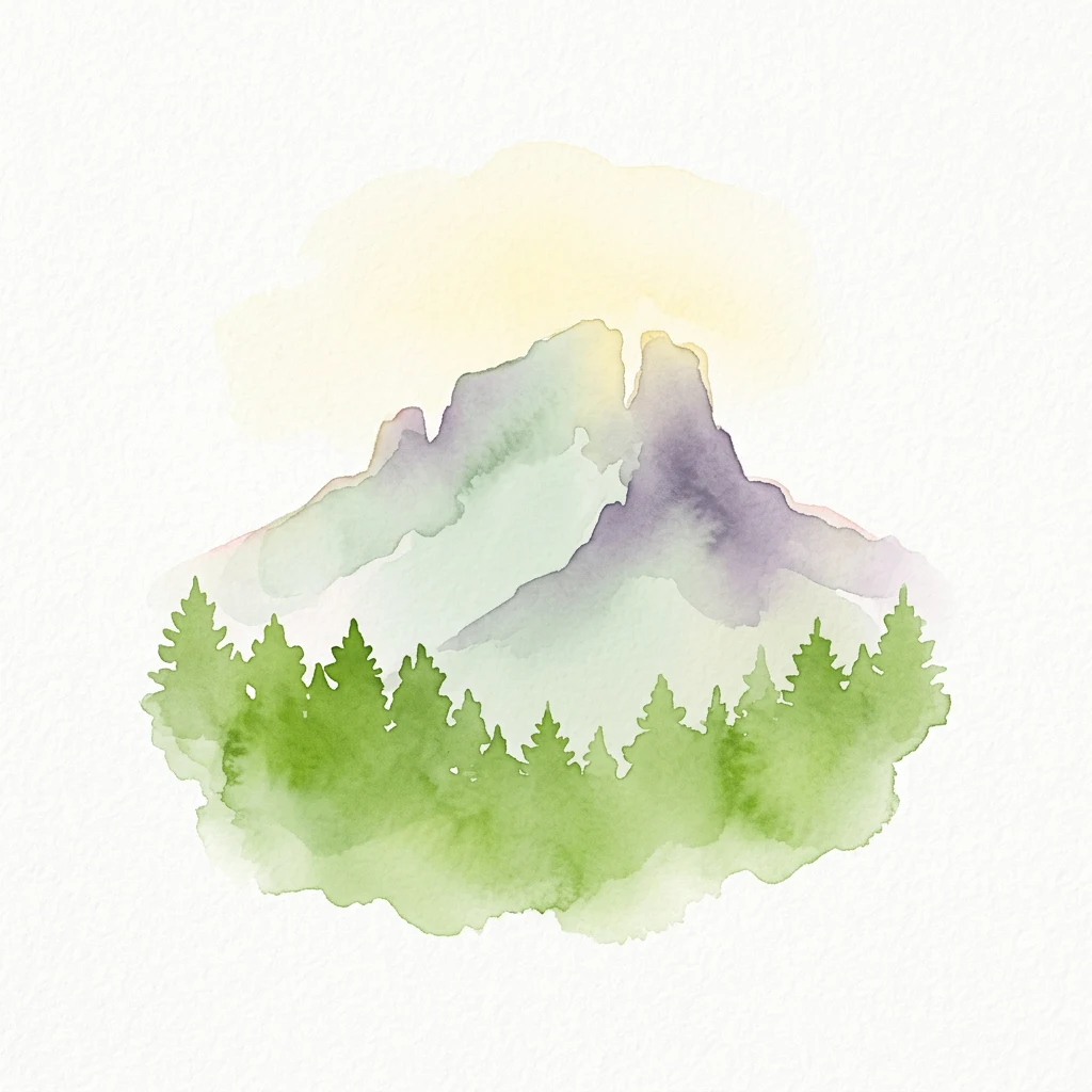 Watercolor painting of mountains with green trees and soft color gradients