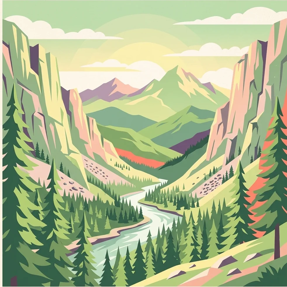 Ilustración estilizada de un paisaje montañoso con un río que fluye a través de un valle rodeado de bosques de pinos y acantilados rocosos bajo un cielo parcialmente nublado