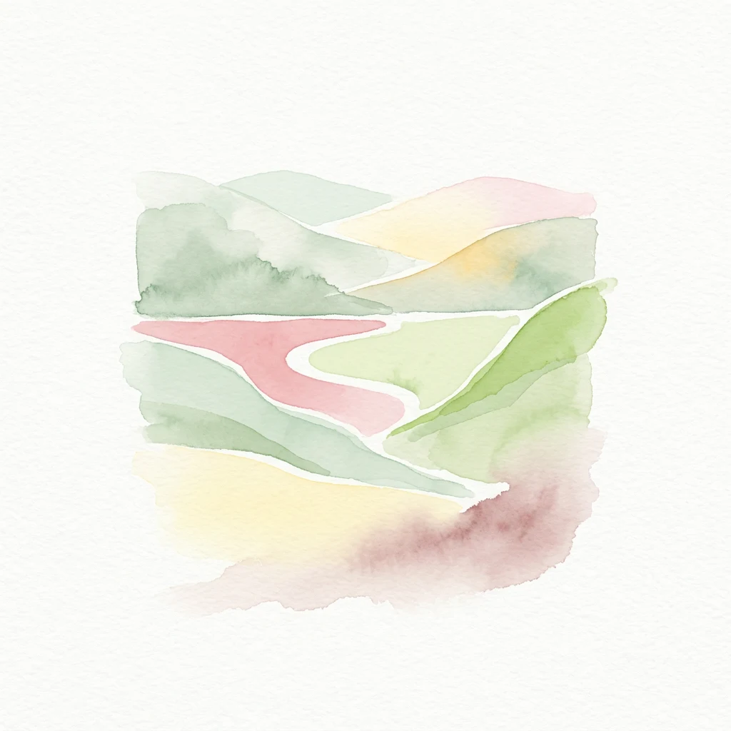 Watercolor illustration of rolling hills and a winding river with soft pastel colors