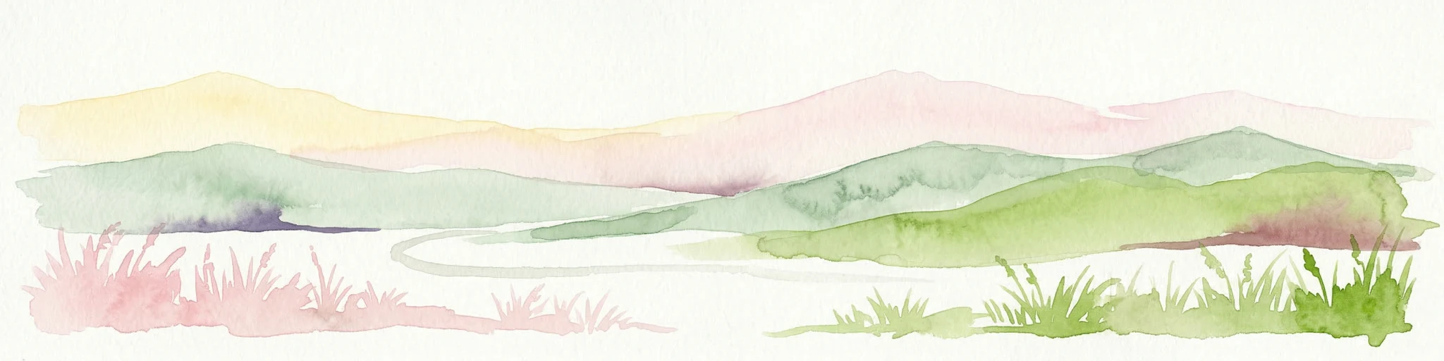 Watercolor painting of a landscape featuring green hills, grassy foreground, and distant mountains under a soft sky