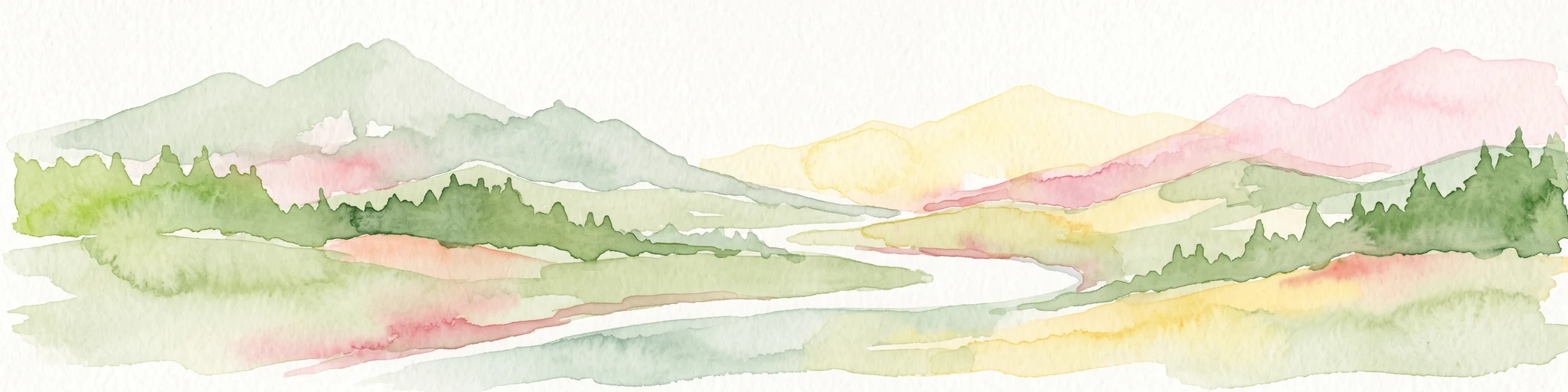 A watercolor painting showing a panoramic view of soft mountain ridges and evergreen forests flanking a winding valley stream.