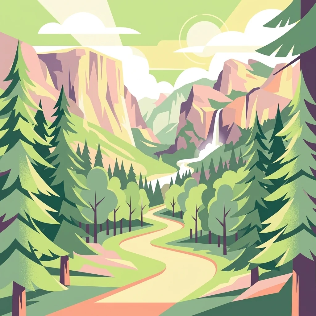 Una ilustración vectorial plana de un valle con un sendero de tierra sinuoso en primer plano, rodeado de árboles coníferos, que conduce hacia una cascada lejana enmarcada por acantilados rocosos bajo un cielo suave.